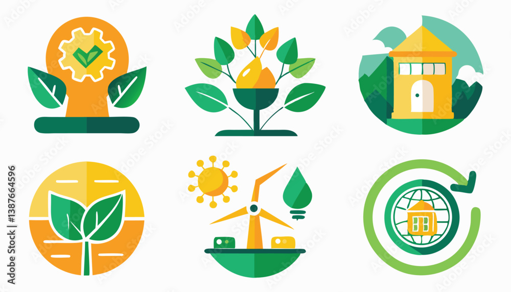 Vector icons set featuring nature, food, drink, nature, and ecology symbols in a flat design Vector icons set featuring nature, food, drink, nature, and ecology symbols in a flat design