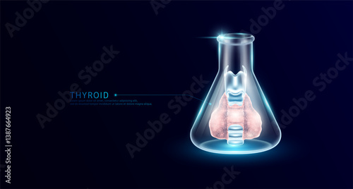 Thyroid transparent in beaker glass triangle test tube on dark blue background. Internal organ anatomy sample medical science experiment. Research genetic scientific concept. Vector EPS10.