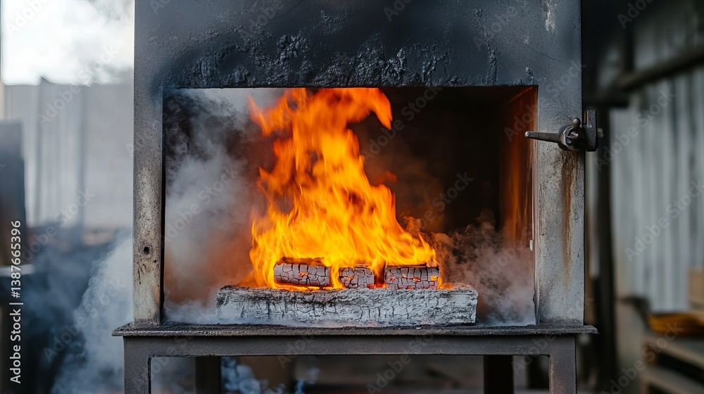 Obraz premium Industrial furnace with fire flames and smoke burning wood logs heat treatment metalworking process