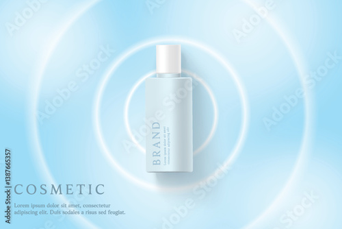 Cosmetic product ads template on blue shiney background with ring of light.