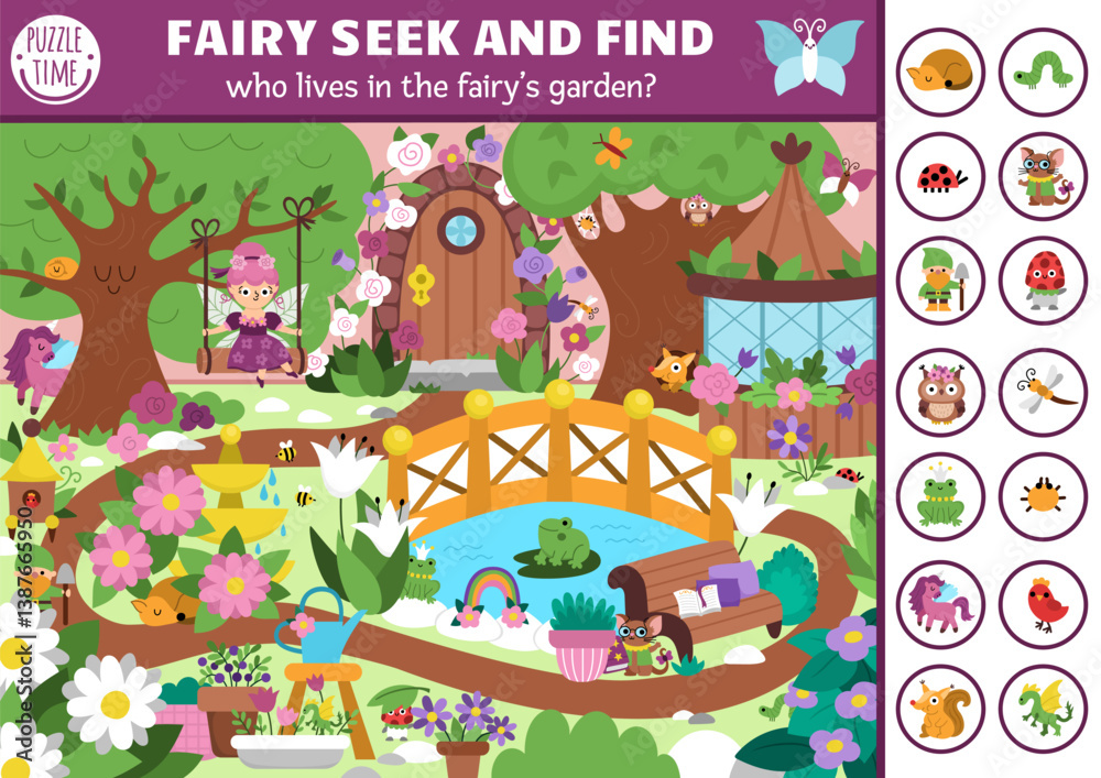 Fototapeta premium Fairyland vector searching game with enchanted garden landscape. Spot hidden animals. Simple magic fairytale seek and find printable activity for kids with flower fairy on swing, frogs, gazebo