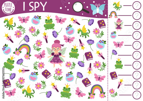 Fairyland I spy game for kids. Searching and counting activity with flower fairy, wand, rainbow, dragon, spell book. Fairytale printable worksheet. Simple fantasy spotting puzzle with little girl