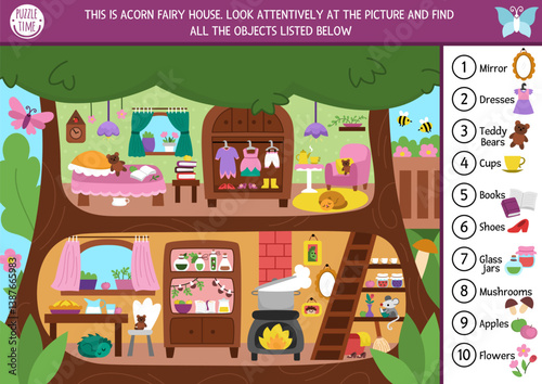 Vector fairyland searching game with fairy tree house landscape. Spot hidden objects. Magic fairytale seek and find and counting educational printable activity for kids with cozy home interior