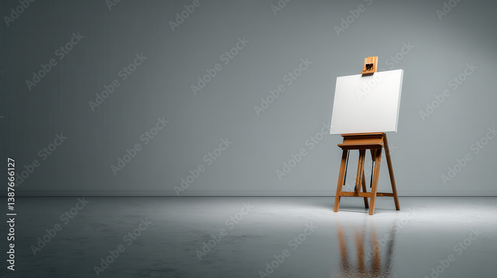 A fine art photo of a modern wooden easel standing on a white reflective floor, holding a pristine white canvas, soft gray background with vignette gradient