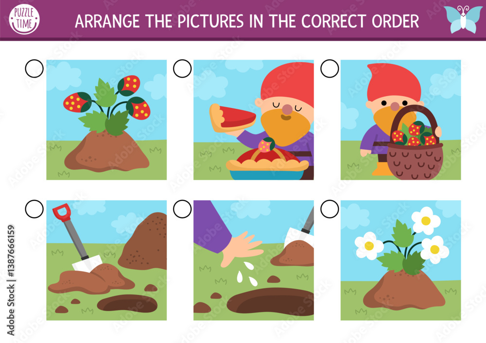 Naklejka premium Fairyland logical activity with garden gnome scenes. Arrange pictures in correct order. Action succession worksheet. Magic fairy puzzle with gnome planting seeds, eating berry. What comes first