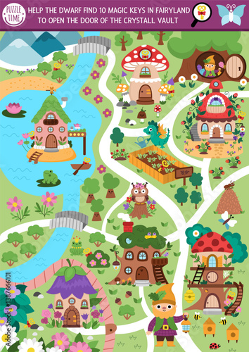 Vector fairyland searching game with enchanted forest landscape map, houses, fairies, garden. Spot hidden magic keys in picture. Simple fairytale seek and find printable activity for kids