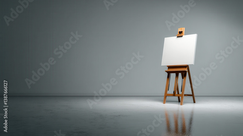 Obraz na płótnie A fine art photo of a modern wooden easel standing on a white reflective floor, holding a pristine white canvas, soft gray background with vignette gradient w salonie