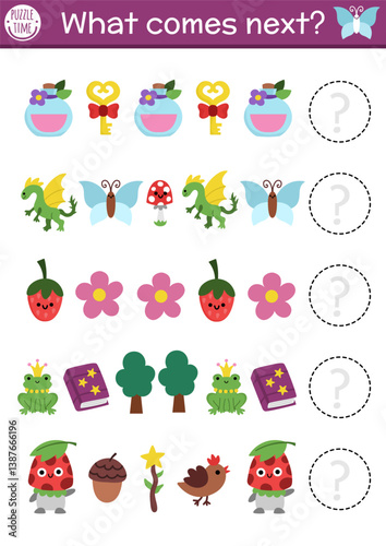 What comes next. Fairyland logical activity for preschool children with key, potion, flower, spell book. Woodland fairy logic succession worksheet. Fantasy forest or fairytale continue the row game