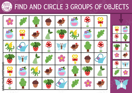 Fairyland seek and find game with woodland symbols. Attention training puzzle with berry, flower, dragon. Forest fairy printable activity for kids. Magic garden searching puzzle. Find groups of object