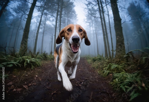 Foxhound dog  running in the countryside, dog playing outdoors on the meadown, black doggy in the nature, purebred canine on natural ambient