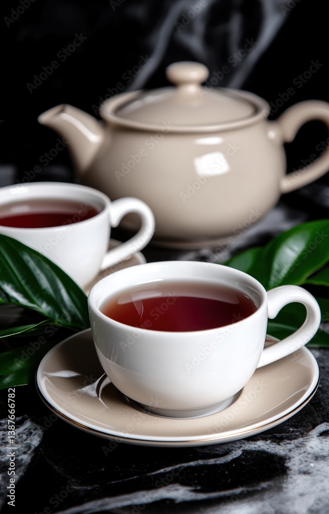 Elegant tea setup with white cups and green foliage - ai isolated background