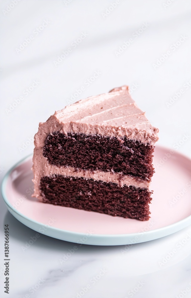 Close-up view of a decadent chocolate cake slice with creamy frosting on a pastel-colored plate