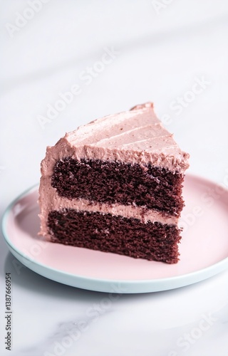 Obraz na płótnie Close-up view of a decadent chocolate cake slice with creamy frosting on a pastel-colored plate w salonie