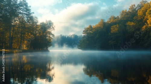 Wallpaper Mural Serene morning mist shrouds a tranquil lake surrounded by forest landscape Torontodigital.ca