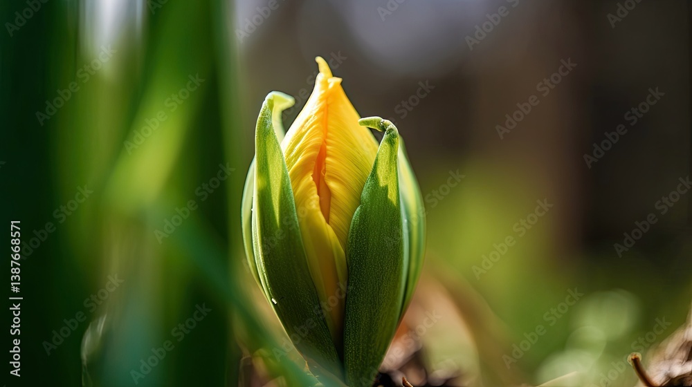 Obraz premium Macro Close-Up of Yellow Tulip Emerging from Leaves..Detailed View of Yellow Flower Bud in Early Bloom