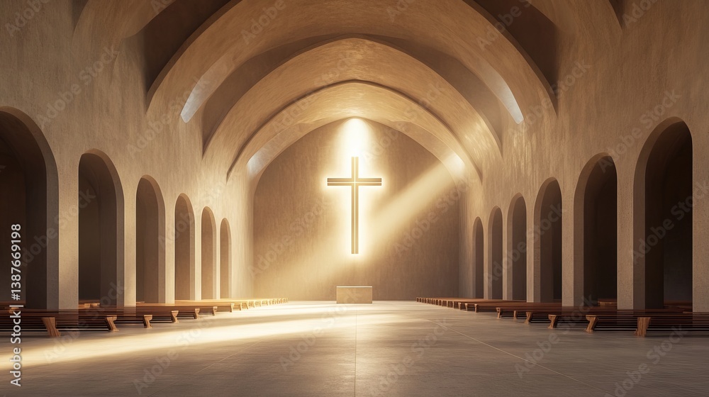 Obraz premium Church interior architecture design with cross and light rays christianity religion and worship place