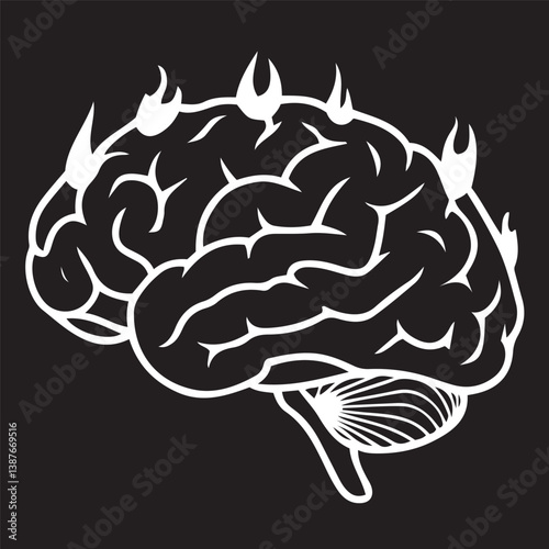 Brain outline, flames, cerebral fire, white on black, minimalist design, neural activity, cognitive heat, mental energy, burning intellect, synaptic sparks, abstract neuroscience, mind ignited, cerebr