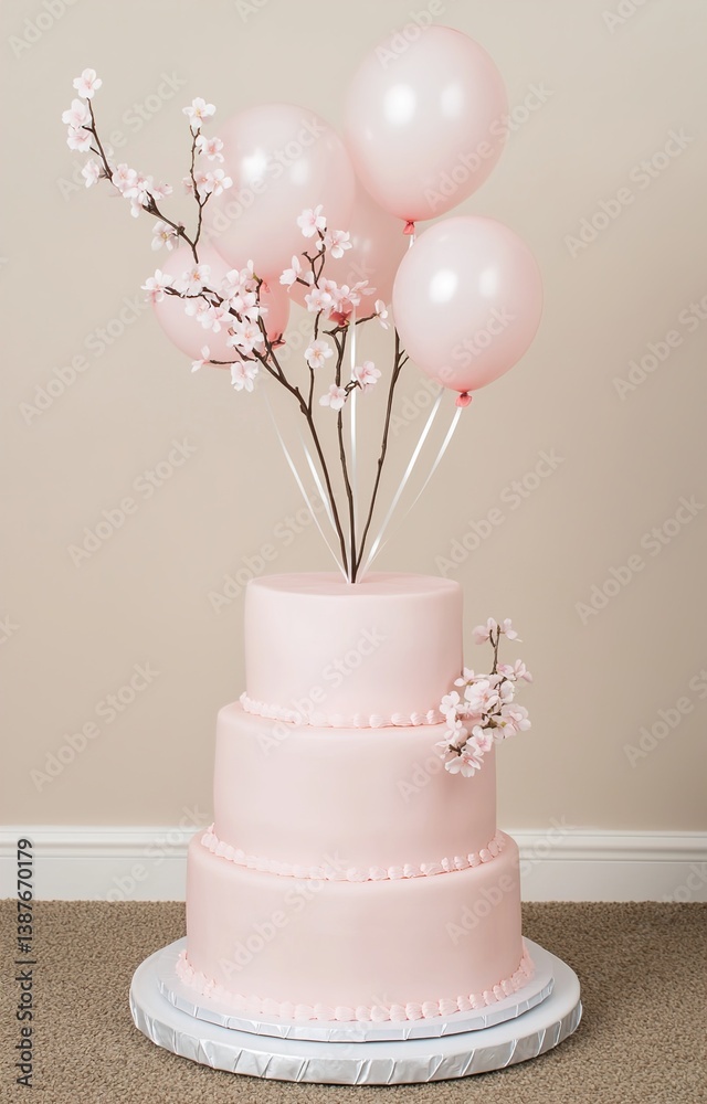 Two-tiered pink cake with cherry blossoms and balloons. isolated background