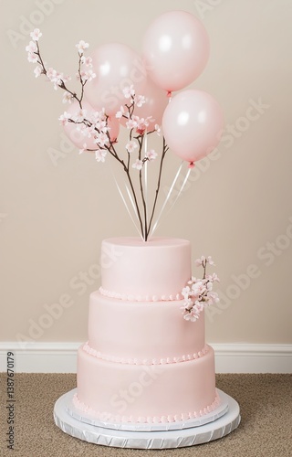Obraz na płótnie Two-tiered pink cake with cherry blossoms and balloons. isolated background w salonie