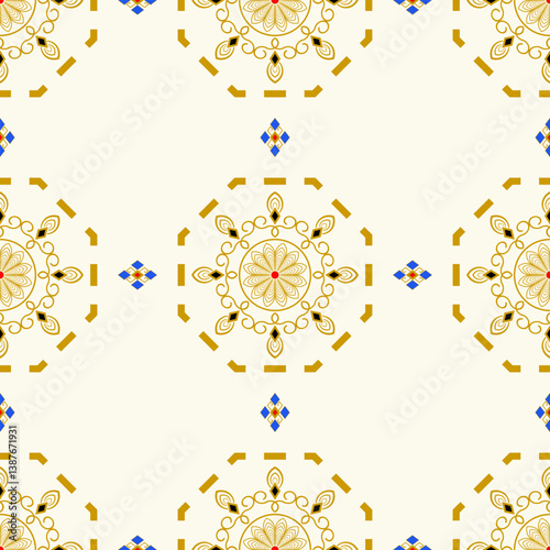 The combination of circular and geometric shapes creates a balanced and visually appealing textile or wallpaper design, hinting at cultural or spiritual influences through the mandala symbolism.
