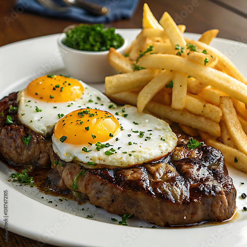 Grilled Steak with Sunny-Side-Up Eggs and French Fries on White Plate