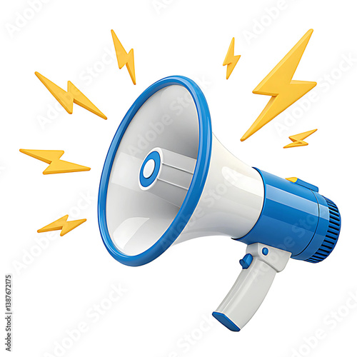 3D Blue and White Megaphone with Yellow Lightning Bolts on Transparent Background