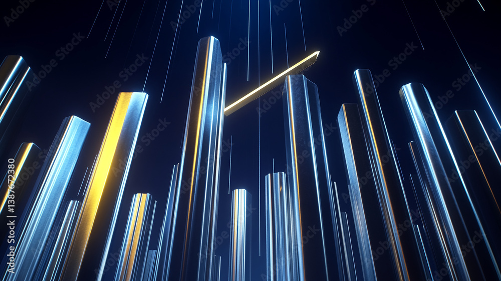 Abstract image of metallic cylinders, blue and gold, arranged vertically with a diagonal golden element, creating a dynamic, modern feel suitable for technological or futuristic concepts Abstract image of metallic cylinders, blue and gold, arranged vertically with a diagonal golden element, creating a dynamic, modern feel suitable for technological or futuristic concepts