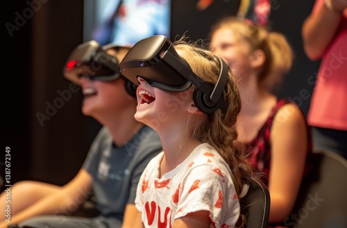 Children wearing VR headsets, laughing and enjoying the experience, with their parents watching in wonder from behind them.