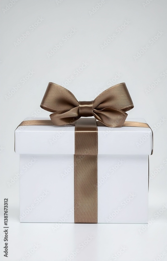 Elegant White Gift Box with Golden and Brown Satin Ribbon Bow isolated background