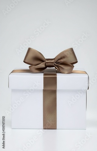 Obraz na płótnie Elegant White Gift Box with Golden and Brown Satin Ribbon Bow isolated background w salonie