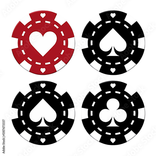 Poker Chips with Card Suits Heart Spade Diamond Club on Transparent Background