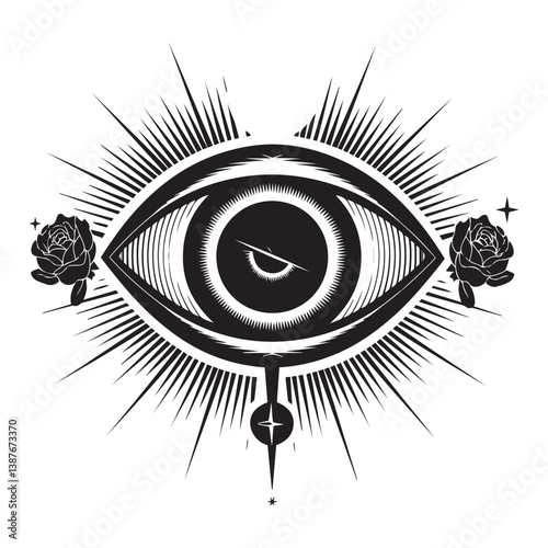 Mystical all-seeing eye, black and white illustration, symmetrical design, radiant beams, stylized eyelashes, ornate detail, roses flanking, celestial symbols, occult imagery, geometric patterns, shar