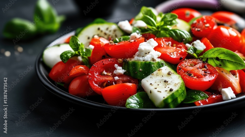 Vibrant salad of diced tomatoes, cucumbers, and feta cheese, garnished with fresh basil Vibrant salad of diced tomatoes, cucumbers, and feta cheese, garnished with fresh basil