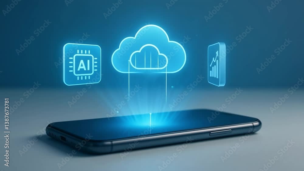 Cloud Tech Communication: a modern and sleek mobile phone interacts with a glowing cloud symbolizing data storage, artificial intelligence, and digital transformation.