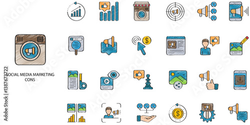 Social Media Marketing simple concept 24 hand drawn color icons set. Contains such blogging, digital marketing, social media marketing, marketing funnel .Vector illustration.