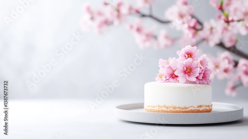 Elegant Cake Cherry Blossoms Minimalist Style High-Resolution Soft Lighting Side View Subtle Textures Springtime Delight Blurred Background Pastel Pink Hues Wedding Dessert Inspiration