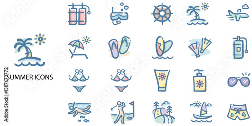 Summer simple concept 24 hand drawn color icons set. Contains such summer, beach, sun, suntan lotion, flip-flop, heat - temperature, starfish .Vector illustration.