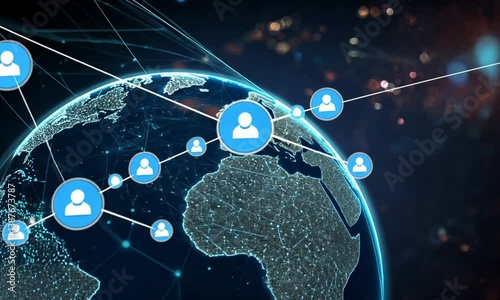 Global Communication Network with Data Particles Traveling Smoothly Along Lines Across 3D Earth Representation Made with Generative AI Technology