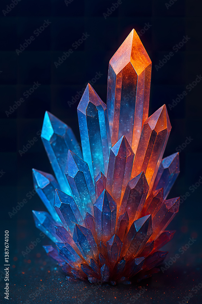 Luminous crystal formation radiating blue and orange light in dark space