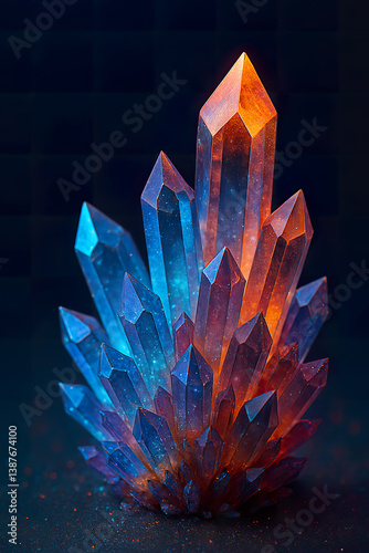 Obraz na płótnie Luminous crystal formation radiating blue and orange light in dark space w salonie