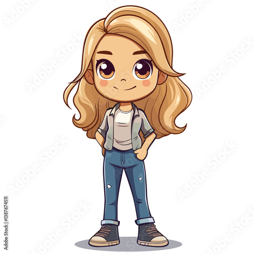 Cute little blonde girl in casual clothes. Vector cartoon illustration