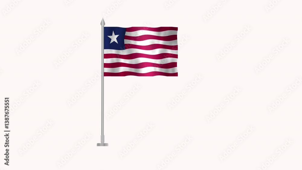 Flag of Liberia, Pole flag of Liberia on white screen, Liberia 3D Animation flag waving in the wind isolated on white Background. 
