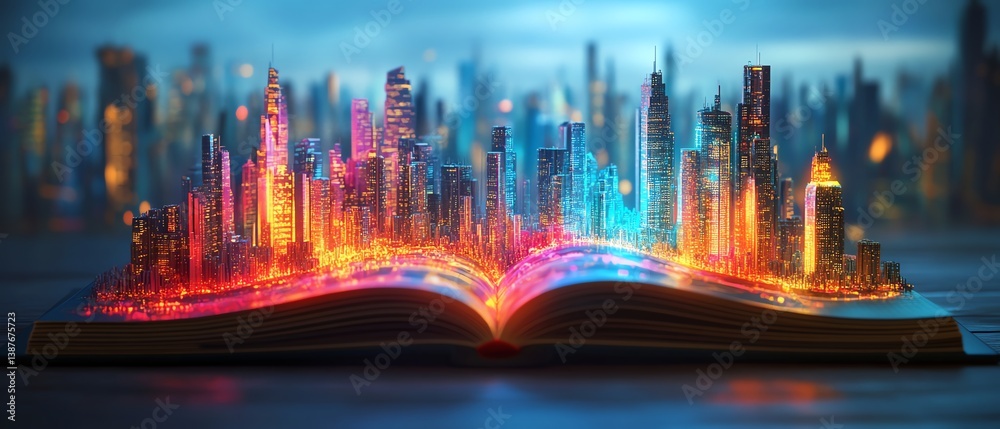 Open book with a colorful, futuristic city coming to life from its pages, illuminated buildings, innovative design, 8K ultradetailed render Open book with a colorful, futuristic city coming to life from its pages, illuminated buildings, innovative design, 8K ultradetailed render