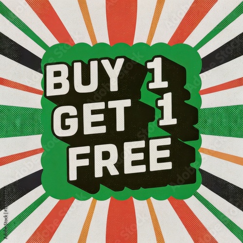 GOBO, Buy 1 Get 1 Free banner with green badge and sunburst background in red, black, and orange for energetic promotion impact.
