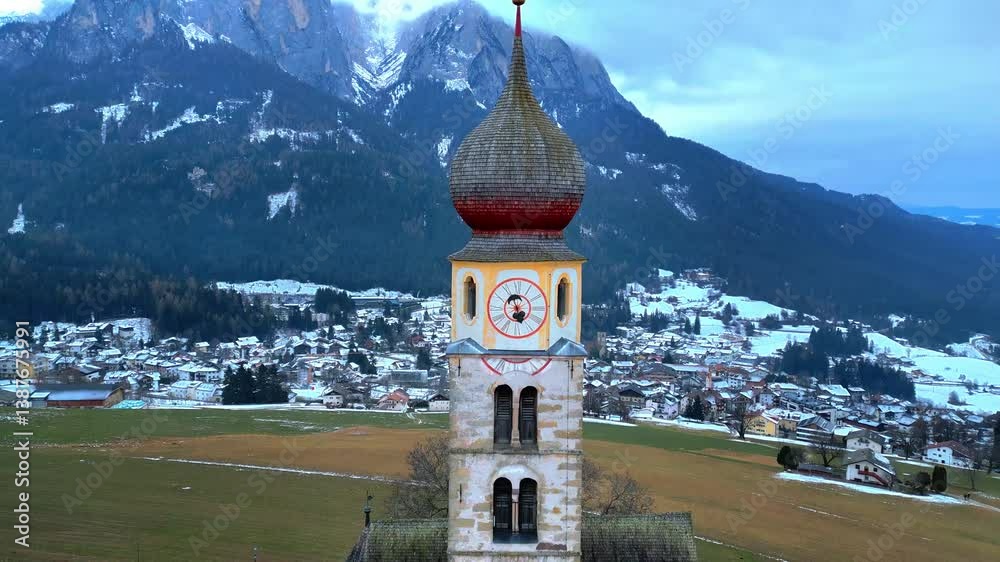 Castelrotto. Church of San Valentino, at the foot of the Alpe di Siusi. Dolomites
