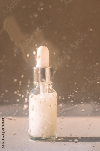 A glass bottle with a pipette and a white moisturizing serum. Cosmetic products. A vial with an essence or gel dropper in bright sunlight.