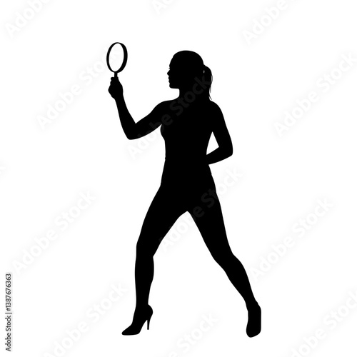 Silhouette of curious woman holding magnifying glass vector