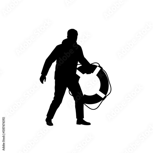 Silhouette of man holding lifebuoy vector illustration