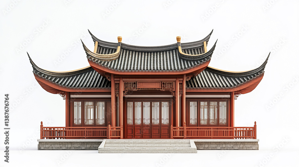 Fototapeta premium Traditional Chinese house with ornate roof design on white background