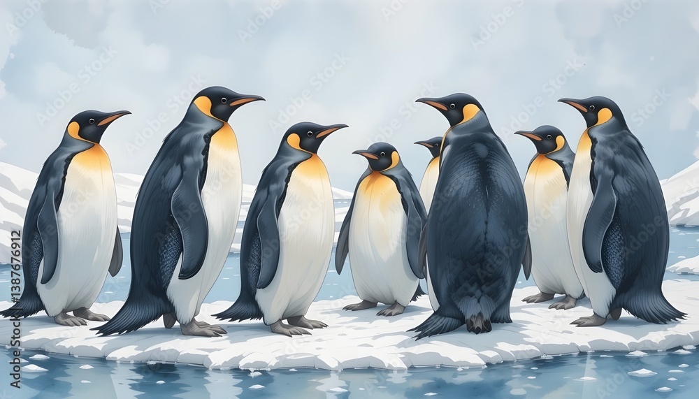 Fototapeta premium A group of penguins standing on ice, with a snowy background. Watercolor painting 